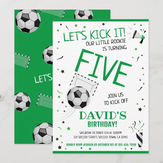 Little Rookie Let's Kick It Green Soccer Birthday Invitation (Front/Back)