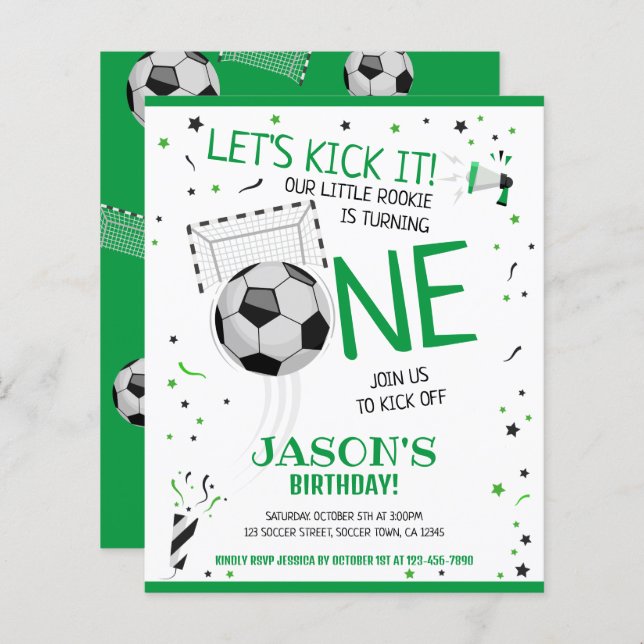 Little Rookie Soccer Budget 1st Birthday Invite (Front/Back)
