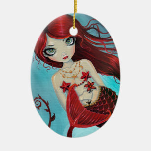 Little Ruby Red Mermaid Fantasy Art Ceramic Tree Decoration
