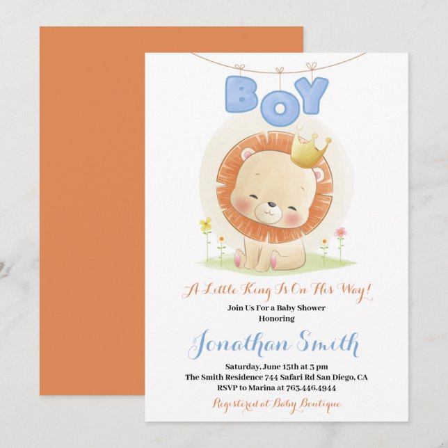little Safari Lion Watercolor Baby Shower Invitation (Front/Back)