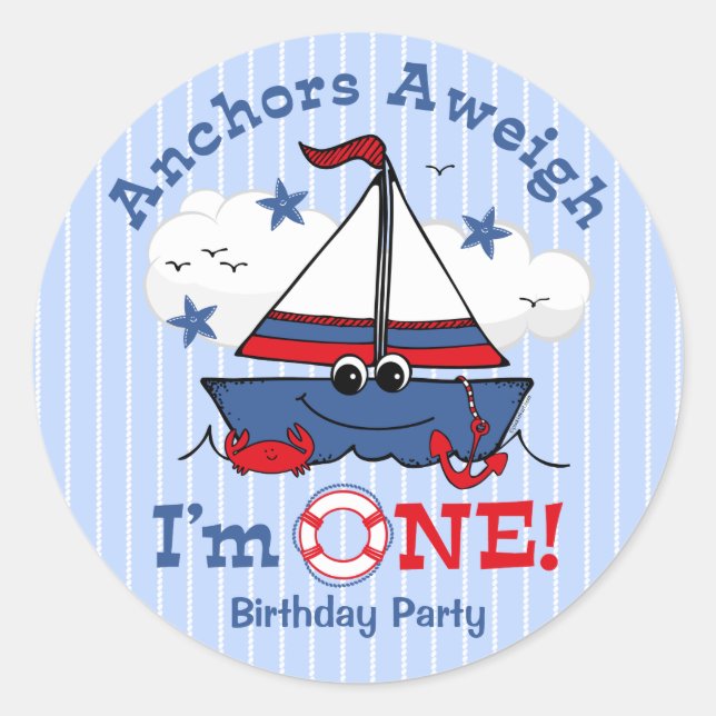 Little Sailboat 1st Birthday Classic Round Sticker (Front)