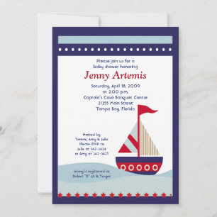 Little Sailboat Navy Boat Nautical Baby Shower 5x7 Invitation