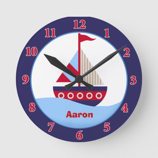 Little Sailboat Personalised Wall Clock (Navy) (Front)