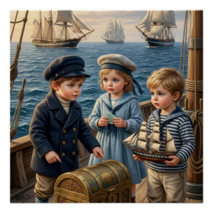 Little Sailor Children Discovering Treasure Chest  Poster
