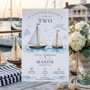 Little Sailor Is Turning Two Nautical Sailboat Invitation