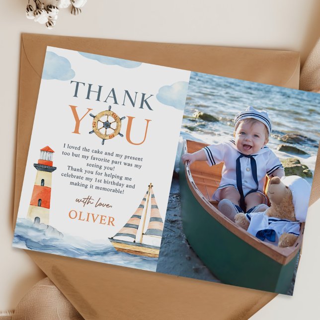 Little Sailor Nautical Blue 1st Birthday Photo Thank You Card (Creator Uploaded)