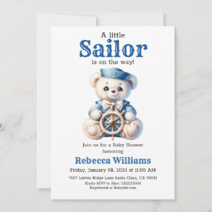 Little Sailor Nautical Blue Bear Boy Baby Shower Invitation