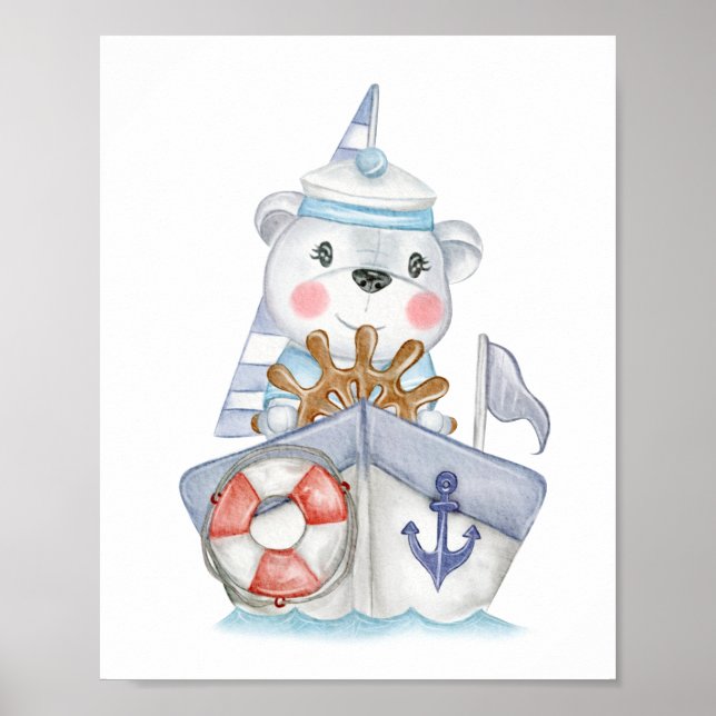 Little sailor polar teddy bear on a boat  poster (Front)