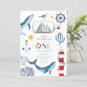 Little Sailor Sea Whale Lighthouse 1st Birthday Invitation