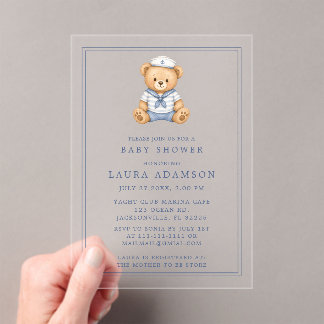 Little Sailor Teddy Bear Nautical Baby Shower Acrylic Invitations