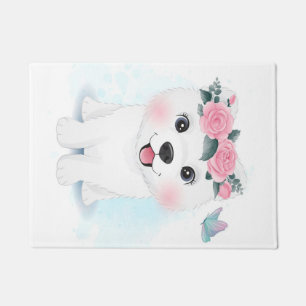 Little Samoyed With Floral Blanket Gift For Baby Doormat