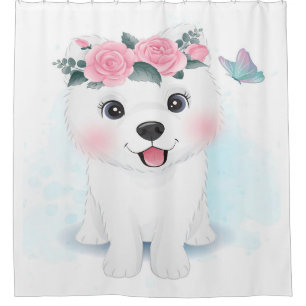 Little Samoyed With Floral   Blanket Gift For Baby Shower Curtain