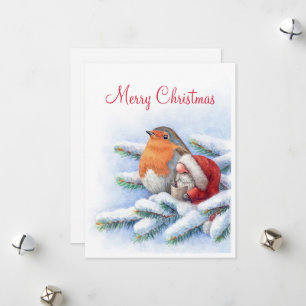 Little Santa with a red robin Holiday Card