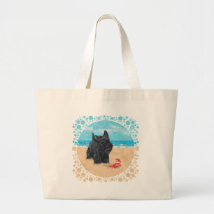 Little Scottie Finds a Crab at the Beach Large Tote Bag