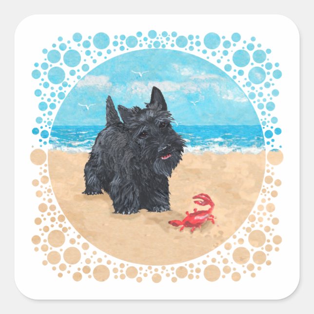 Little Scottie Finds a Crab at the Beach Square Sticker (Front)