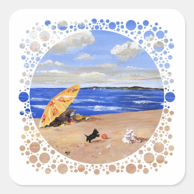 Little Scottie Plays at the Beach Square Sticker (Front)