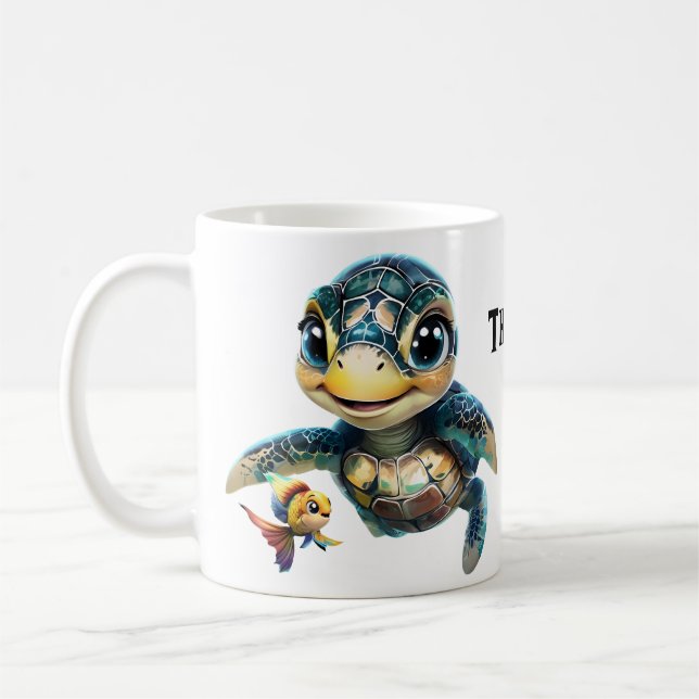 Little sea turtle exploring with her friend. coffee mug (Left)