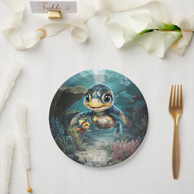 Little sea turtle exploring with her friend. paper plate (Wedding)