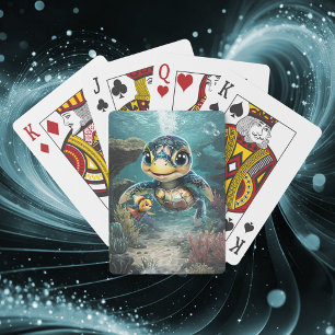 Little sea turtle exploring with her friend. playing cards