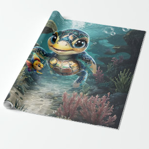 Little sea turtle exploring with her friend. wrapping paper