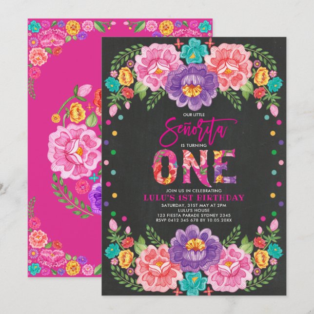 Little Senorita Fiesta Flower Girl 1st Birthday Invitation (Front/Back)