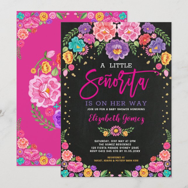 Little Senorita Floral Fiesta Girl Baby Shower Invitation (Front/Back)