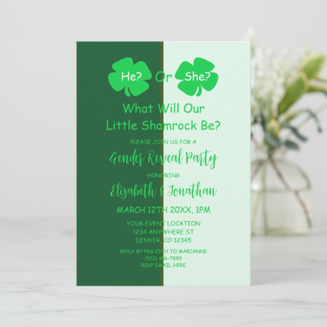 Little Shamrock Gender Reveal Invitation (Standing Front)