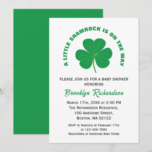 Little Shamrock Irish White And Green Baby Shower Invitation (Front/Back)