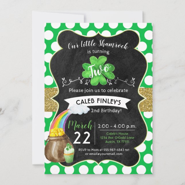 Little Shamrock St. Patrick's Birthday Gold Invitation (Front)