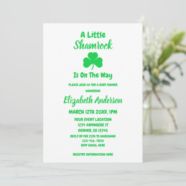 Little Shamrock St Patrick's Day Baby Shower Invitation (Standing Front)