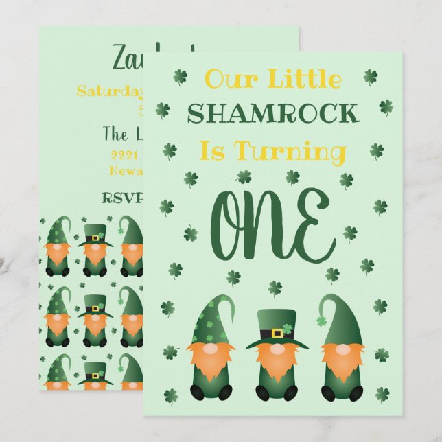 Little Shamrock Turning One Gnomes Invitation (Front/Back)
