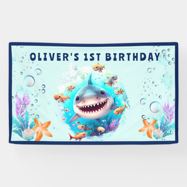 Little Shark Boy First Birthday Party Banner (Horizontal)