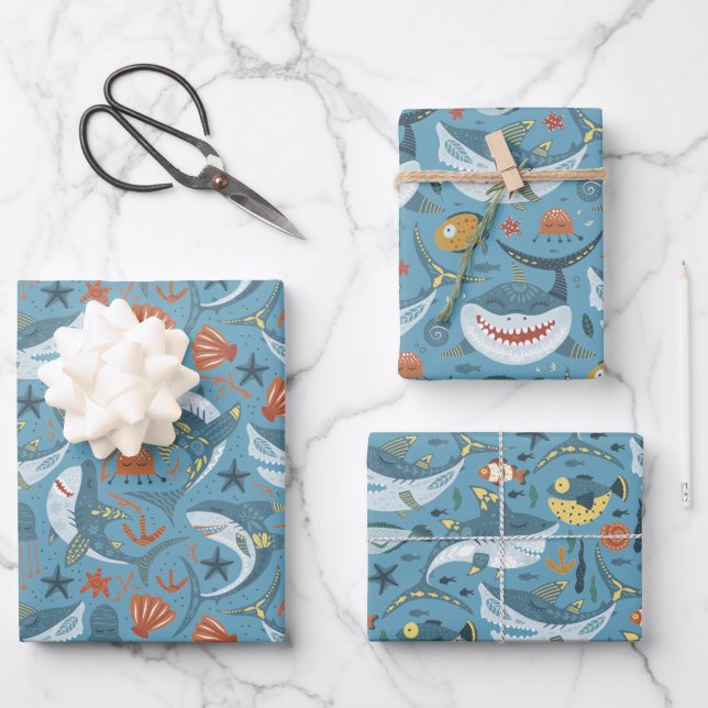 Little Shark First Second Birthday Boys Favour Gif Wrapping Paper Sheet (Front)