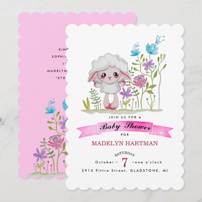 Little sheep in watercolor invitation (Front/Back)