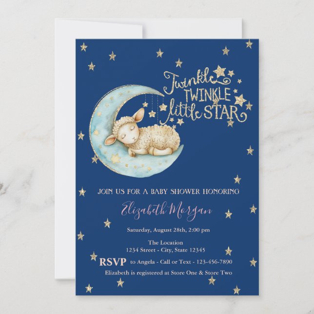 Little Sheep,Moon,Glitter Twinkle Star Baby Shower Invitation (Front)
