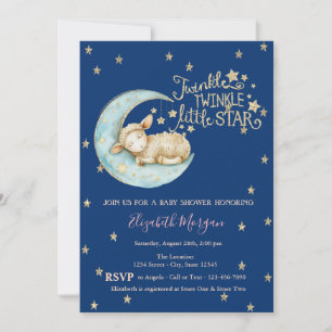 Little Sheep,Moon,Glitter Twinkle Star Baby Shower Invitation