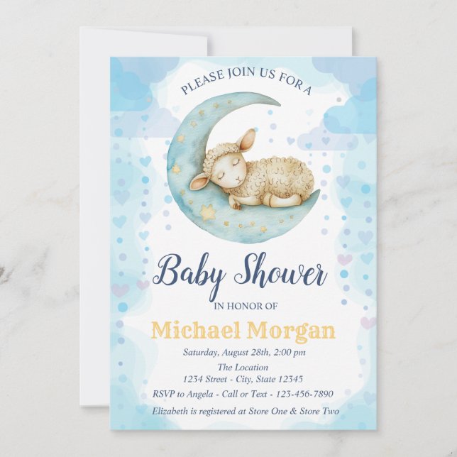 Little Sheep Moon Hearts Blue Baby Shower Invitation (Front)