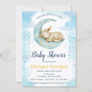 Little Sheep Moon Hearts Blue Baby Shower Invitation