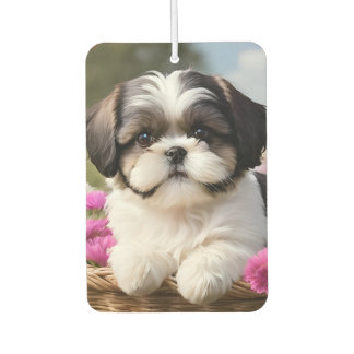 Little Shih Tzu Puppy Basket Flowers Car Air Freshener