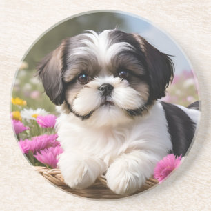 Little Shih Tzu Puppy Basket Flowers Coaster
