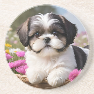 Little Shih Tzu Puppy Basket Flowers Coaster