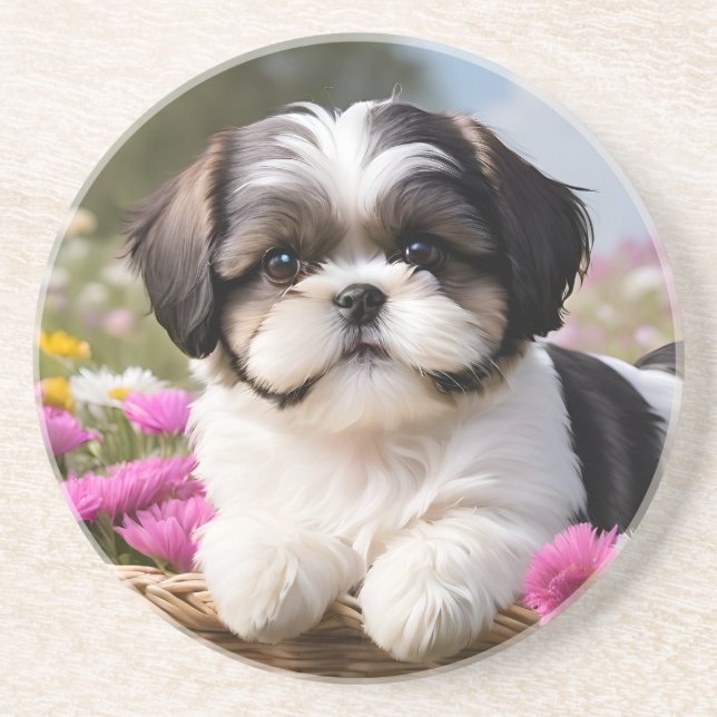 Little Shih Tzu Puppy Basket Flowers Coaster (Front)
