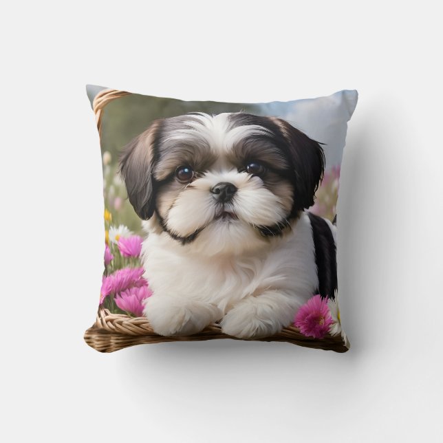 Little Shih Tzu Puppy Basket Flowers Cushion (Front)