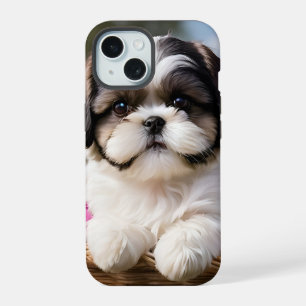 Little Shih Tzu Puppy Basket Flowers iPhone 15 Case