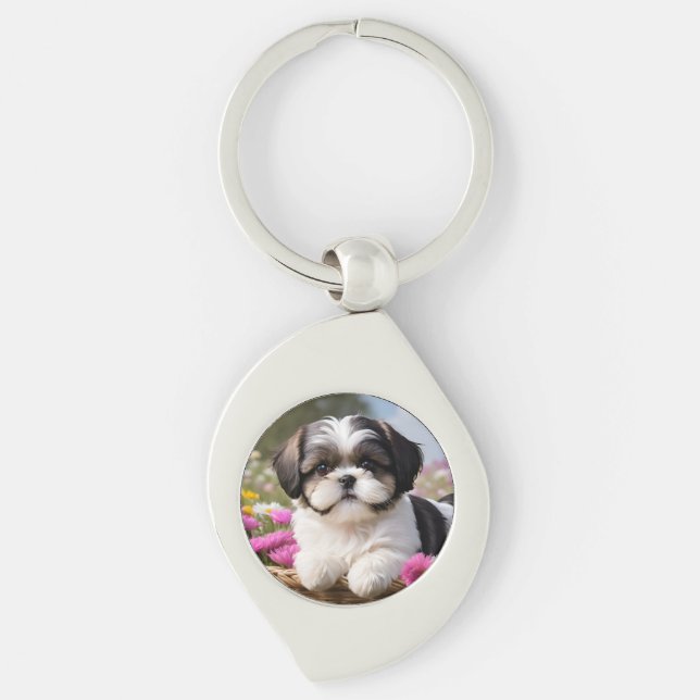 Little Shih Tzu Puppy Basket Flowers Key Ring (Front)
