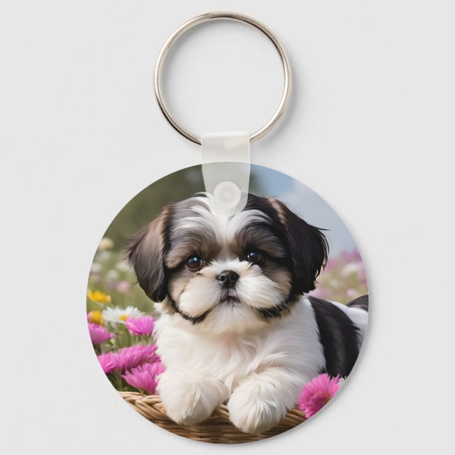 Little Shih Tzu Puppy Basket Flowers Key Ring (Front)