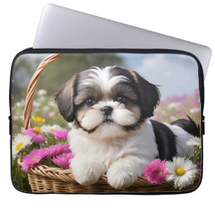 Little Shih Tzu Puppy Basket Flowers Laptop Sleeve