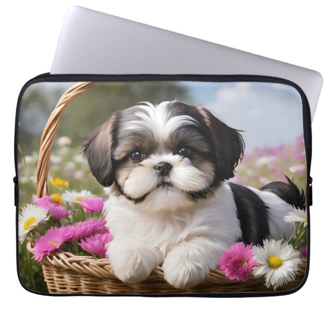 Little Shih Tzu Puppy Basket Flowers Laptop Sleeve (Front)