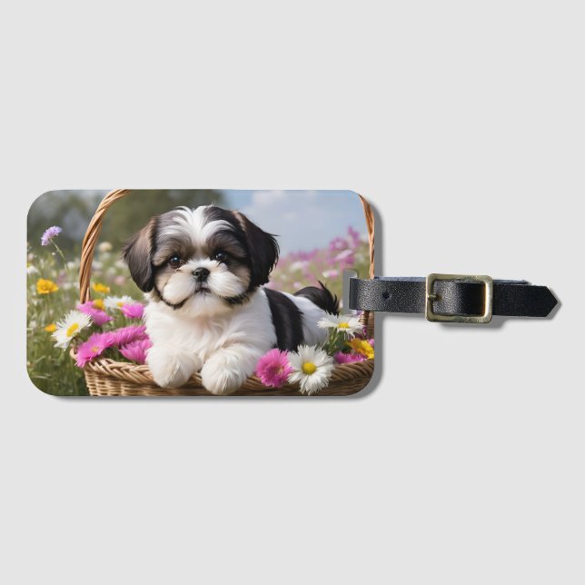 Little Shih Tzu Puppy Basket Flowers Luggage Tag (Front Horizontal)