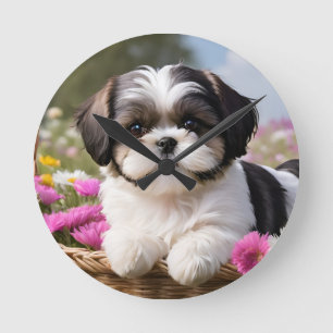 Little Shih Tzu Puppy Basket Flowers Round Clock
